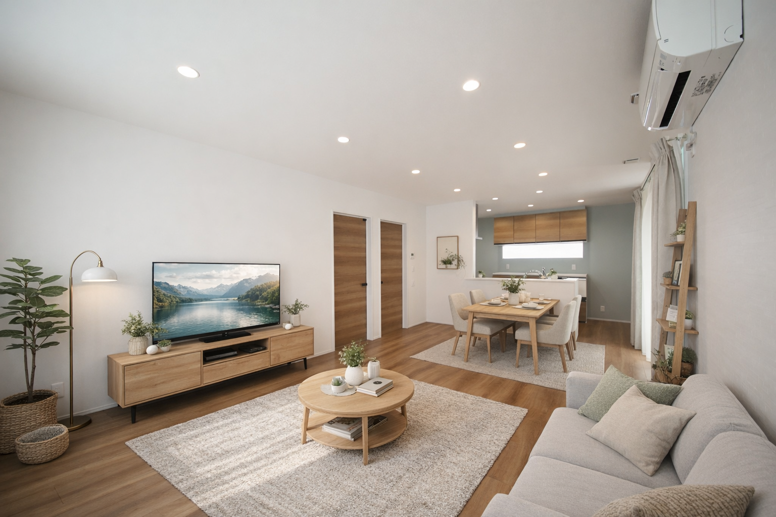 床は段差のないフラット仕様で、将来も安心。 ナチュラルな色合いの家具とやわらかなファブリックが、毎日の暮らしに穏やかで心地よい時間をもたらします。